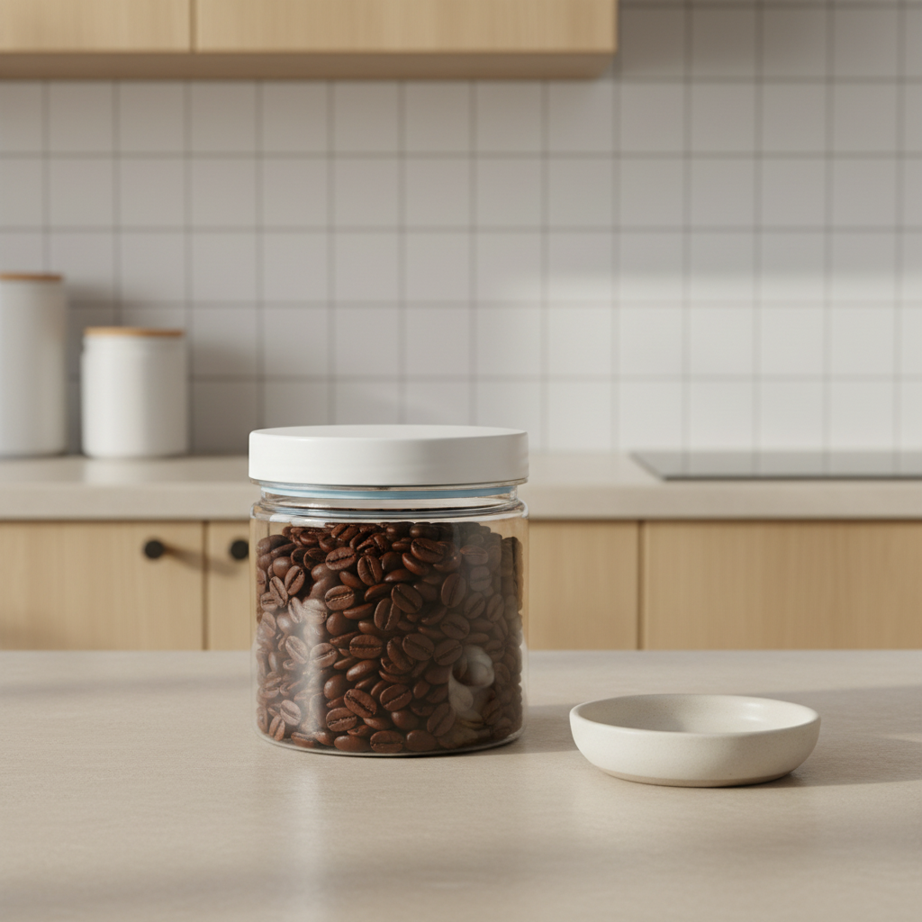 Round airtight food storage jar filled with coffee beans on neutral kitchen countertop