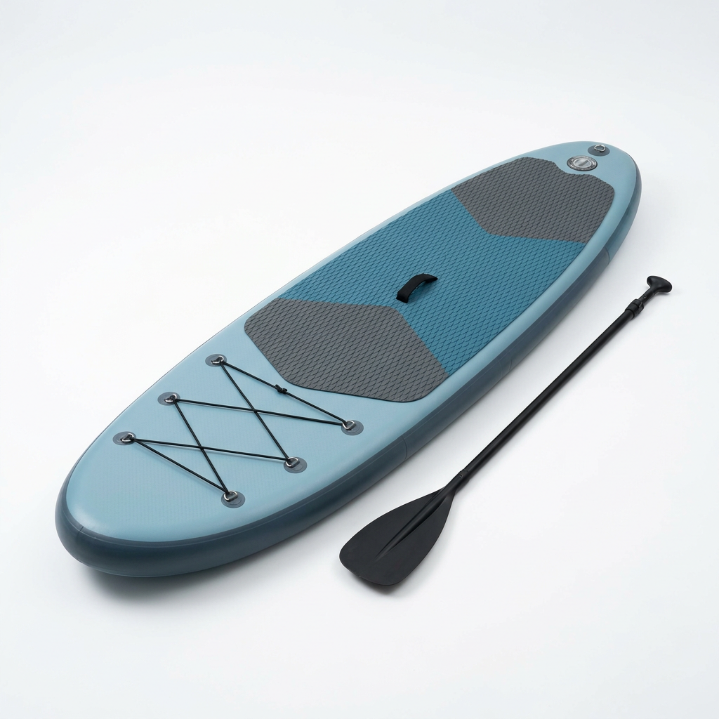 Inflatable stand-up paddle board displayed with its actual shape and deck surface.