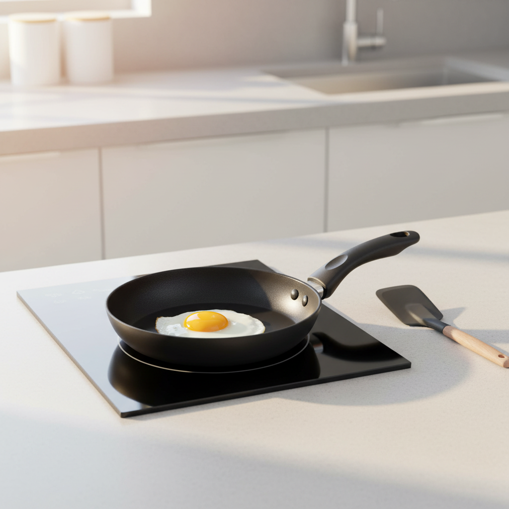 Mini non-stick frying pan cooking a sunny-side-up egg on a single-burner cooktop in a compact kitchen