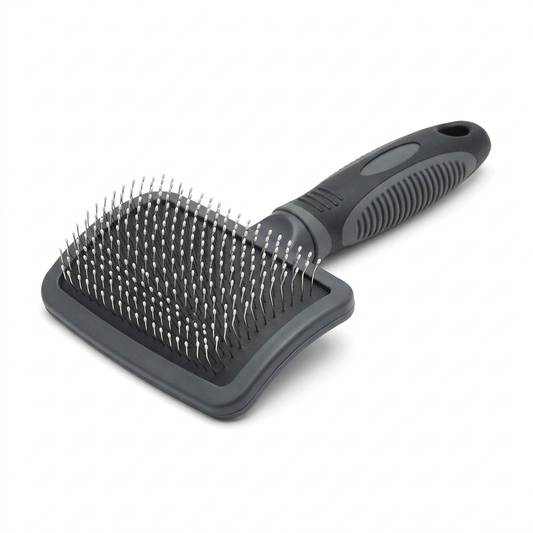 Slicker brush for dogs and cats three-quarter view showing fine wire pins, protective tips, and ergonomic rubber grip handle on pure white background