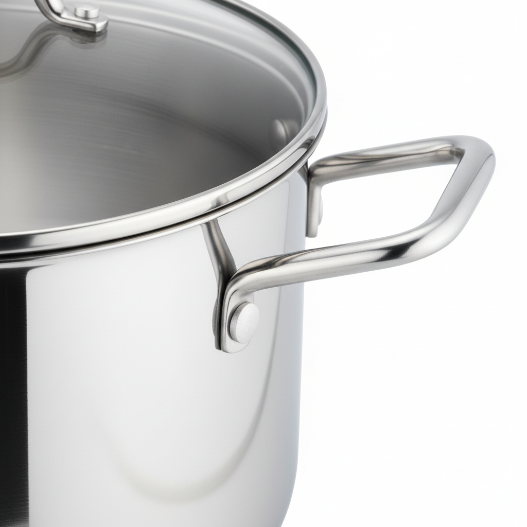 Macro detail of riveted stainless steel side loop handle, rolled rim, and mirror finish