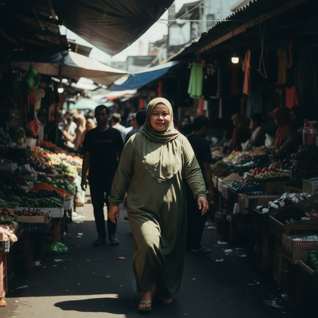 Indonesian Muslim woman olive long sleeve modest dress at market