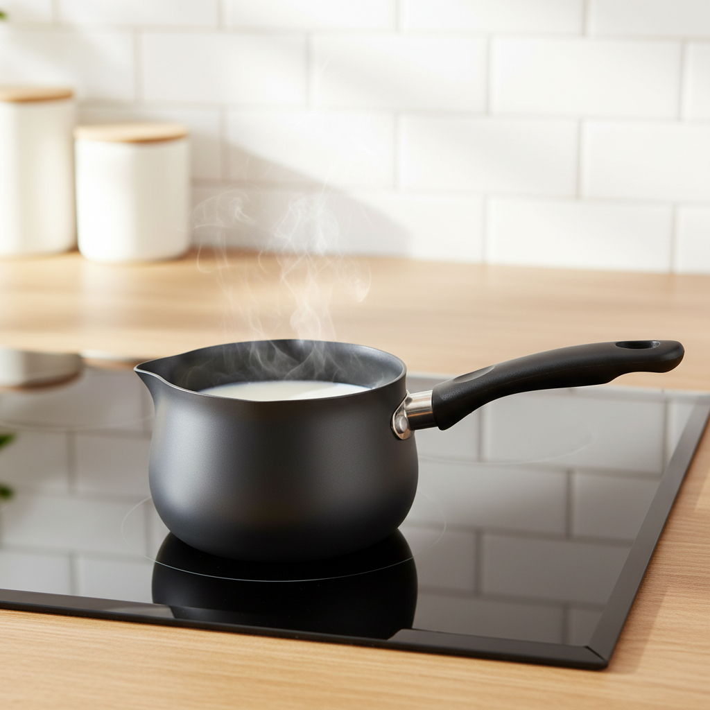 Aluminum milk pot warming fresh milk on an induction cooktop in bright morning breakfast kitchen