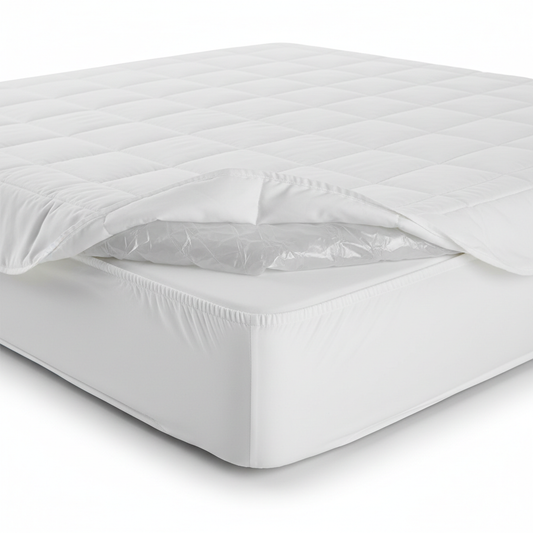White hotel waterproof mattress pad fitted over mattress with corner lifted showing TPU waterproof backing layer and elastic skirt detail on white background, commercial hospitality bed protection