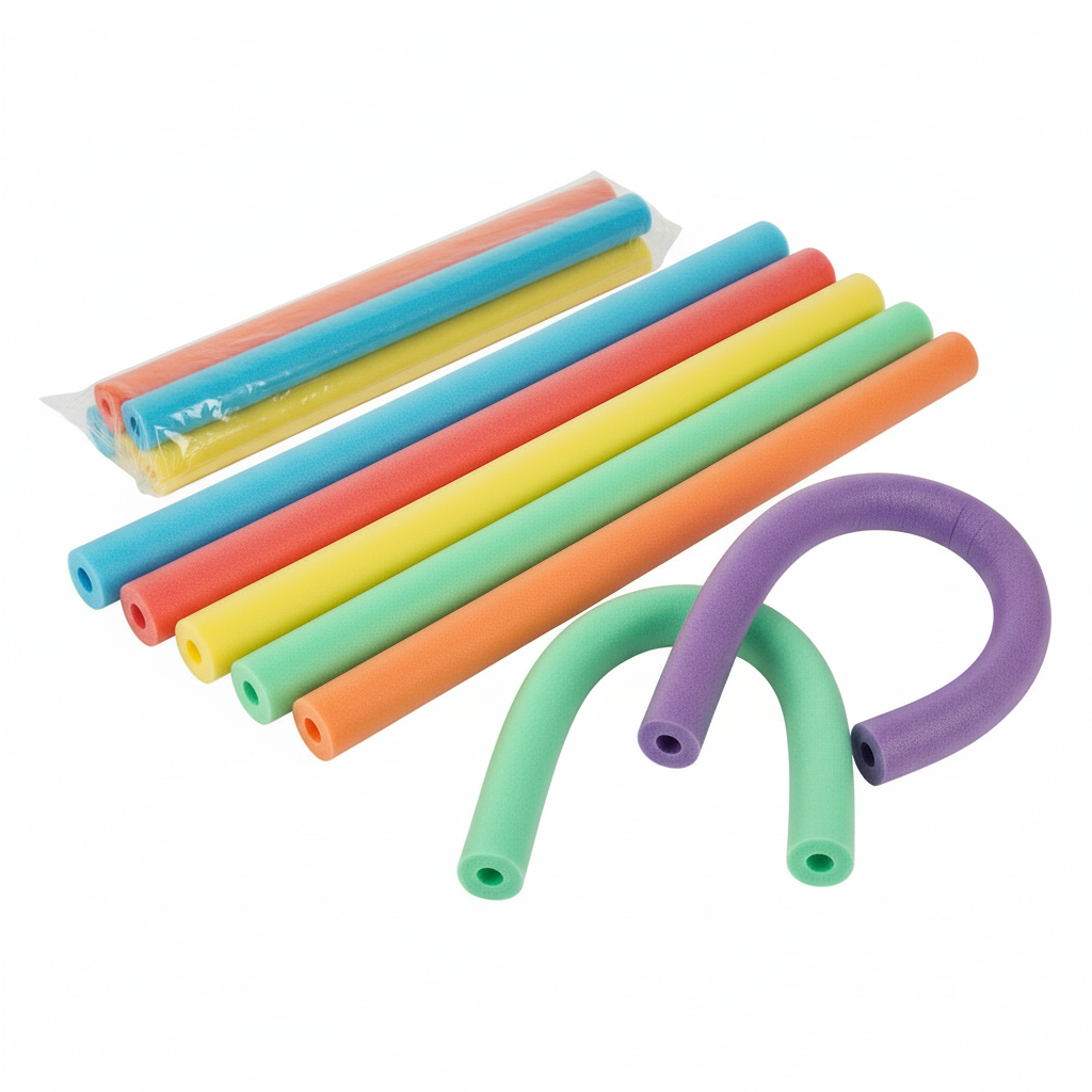 Straight and curved colorful foam pool noodles showing hollow cores and flexible construction with three matching noodles in transparent bulk packaging.