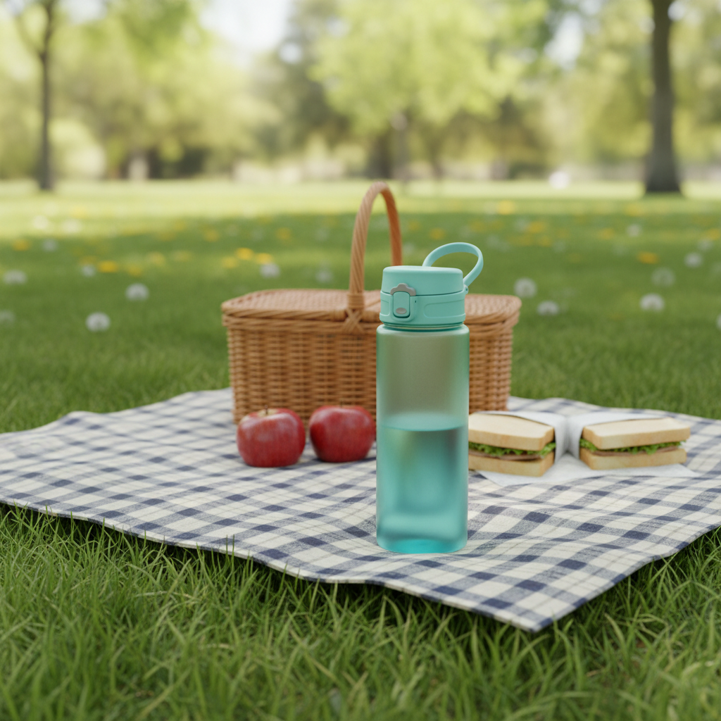Aqua-blue reusable water bottle standing fully visible on a checked picnic blanket in a park with a basket, apples and sandwiches behind it.