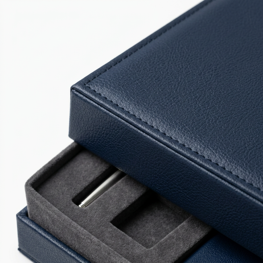 Detail close-up of leatherette gift box showing edge stitching, wrapped greyboard corner, and flocked EVA insert on white background
