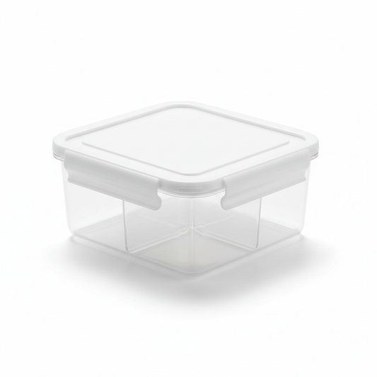 Rectangular clear divided food storage container with white snap lid on pure white background