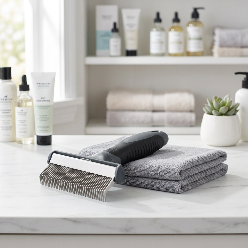 Pet deshedding tool resting on folded grey grooming towel on marble countertop in bright grooming room