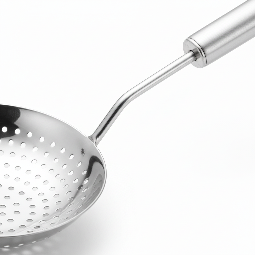 Macro detail of perforated strainer head and brushed handle connection on pure white background