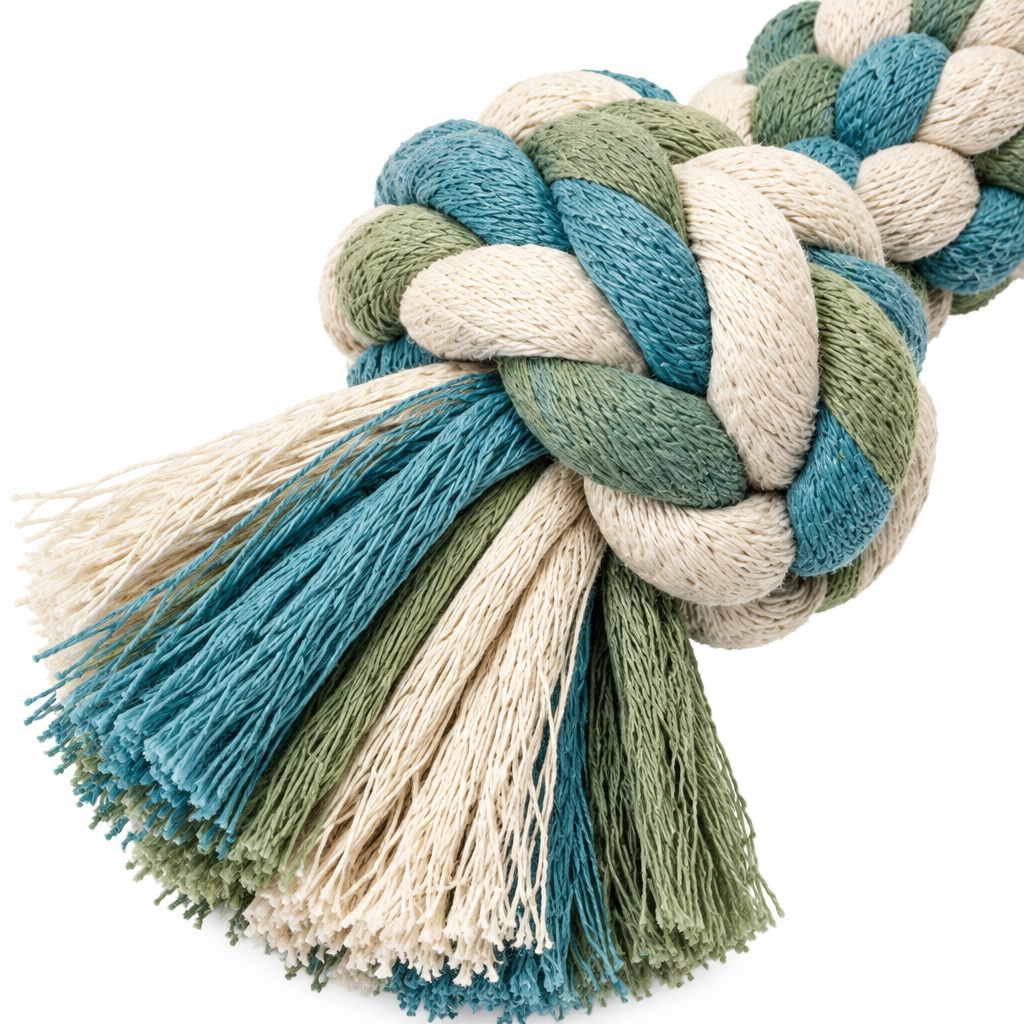 Macro close-up detail of tight braided cotton rope knot and frayed fiber tassel fringe on pure white background