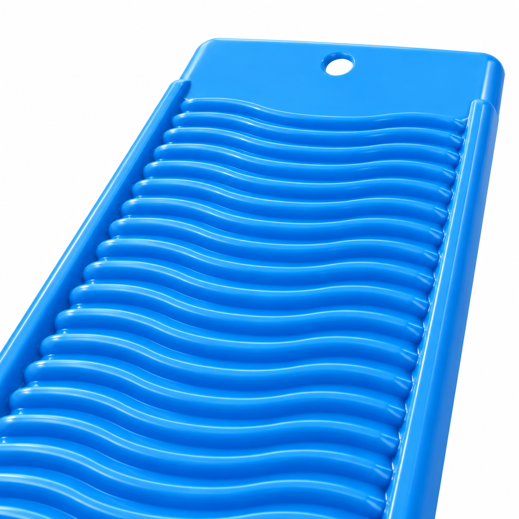 Close-up of the plastic washing board wavy scrubbing ridges and side rim