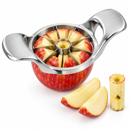 Stainless steel apple slicer pressed halfway through a red apple with crisp wedges and cylindrical core displayed on a pure white background