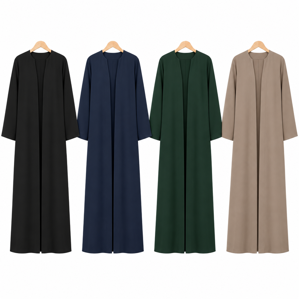 Four solid front open abayas on hangers in black, navy blue, dark green and taupe on a white background