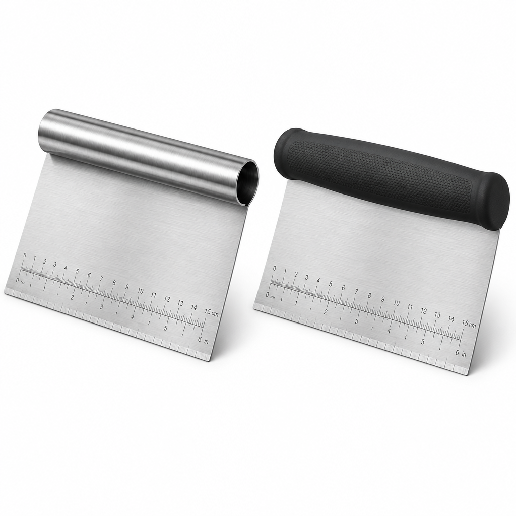 Stainless steel kitchen bench scrapers in all-steel rolled handle and black rubberized grip handle options on pure white background