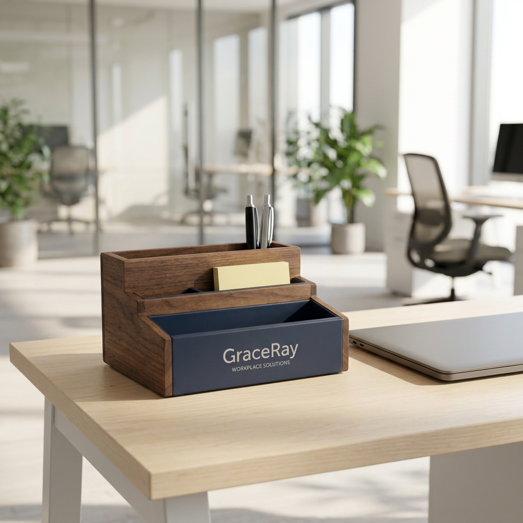 Desk organizer holding stationery on a modern corporate open-plan workstation desk