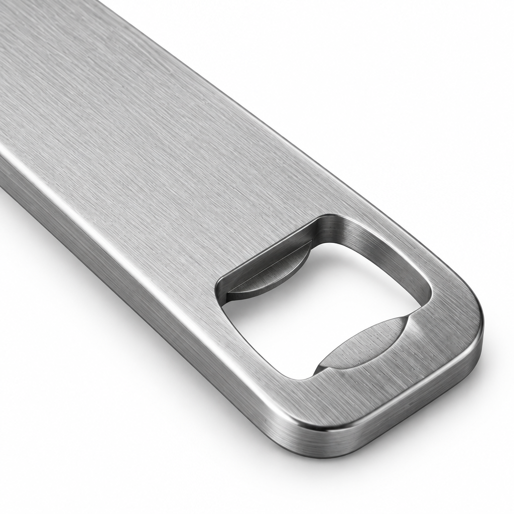 Close-up macro detail of heavy-gauge beveled pry lip and brushed metal grain of stainless steel bottle opener