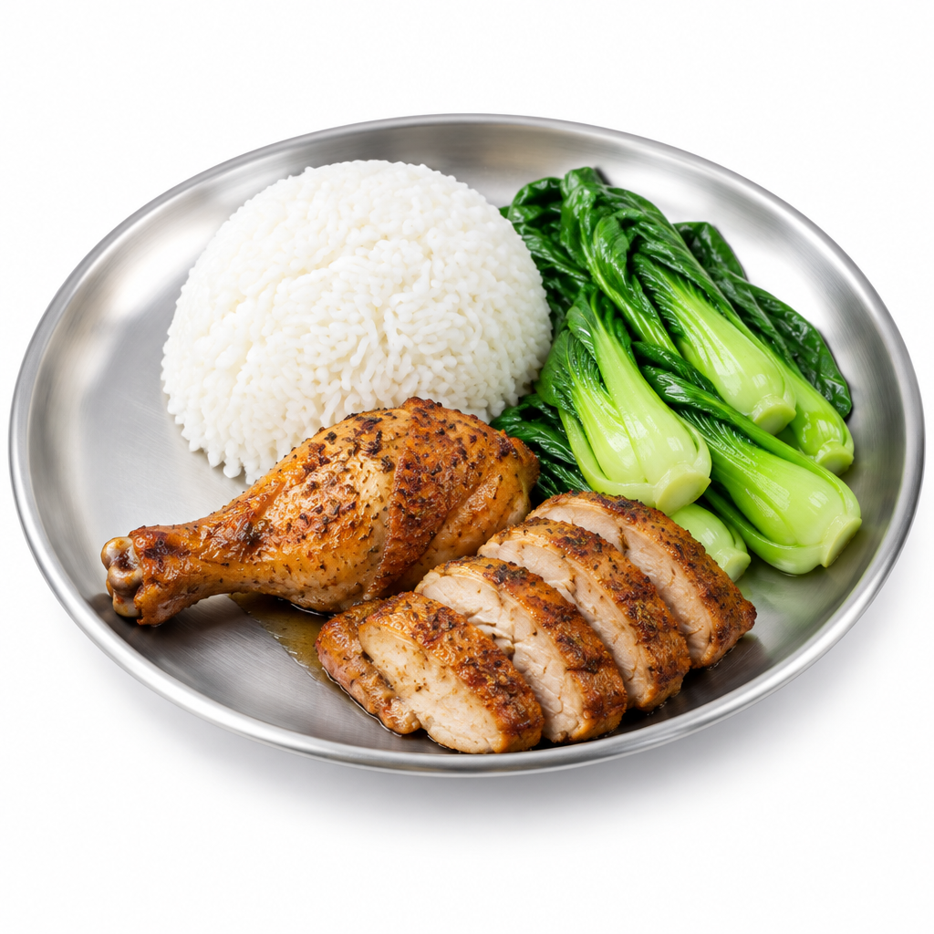 Round stainless steel dinner plate served with jasmine rice, roasted chicken, and steamed vegetables on a pure white background