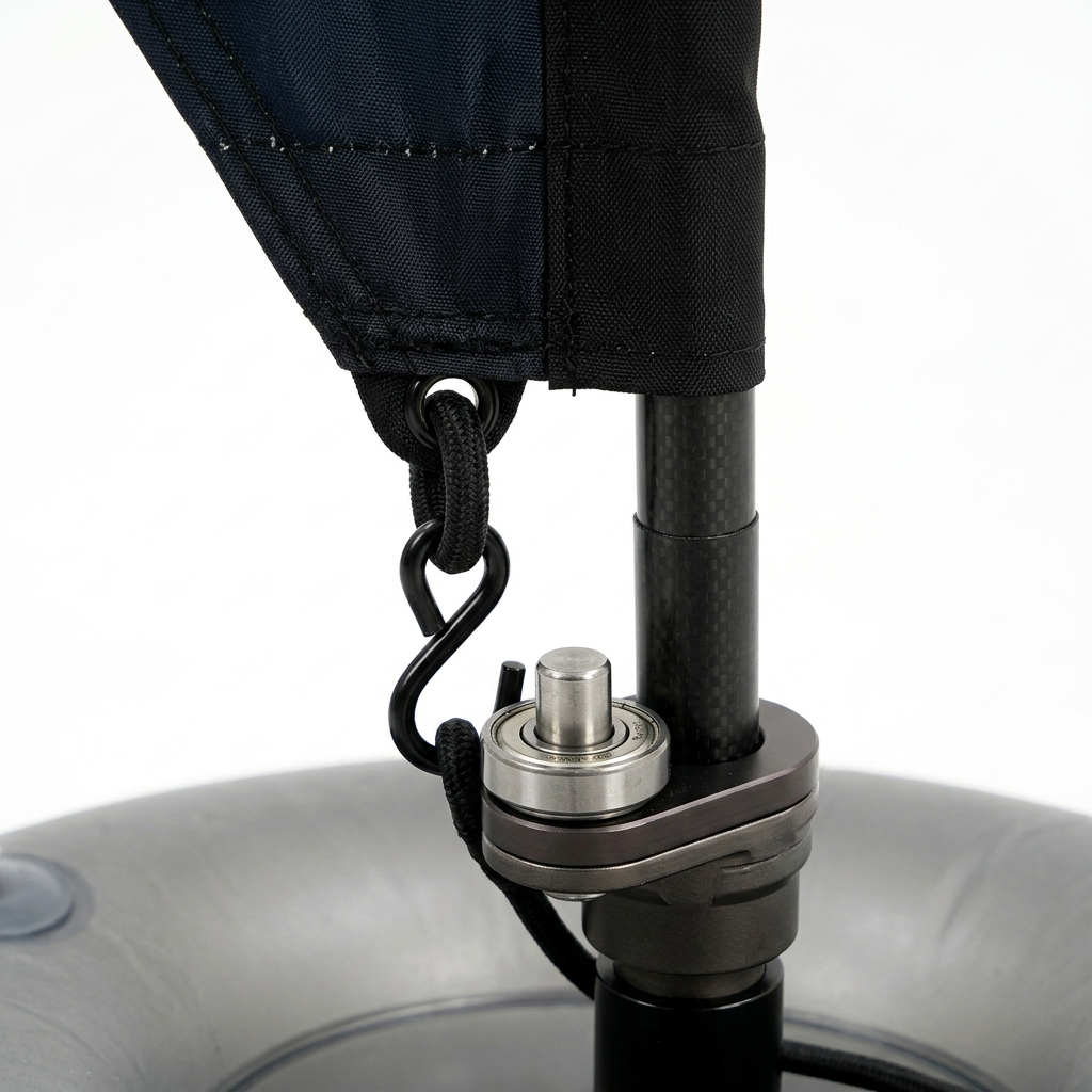 Detail close-up of teardrop flag banner showing bottom tensioning bungee cord and rotational base spindle on white background