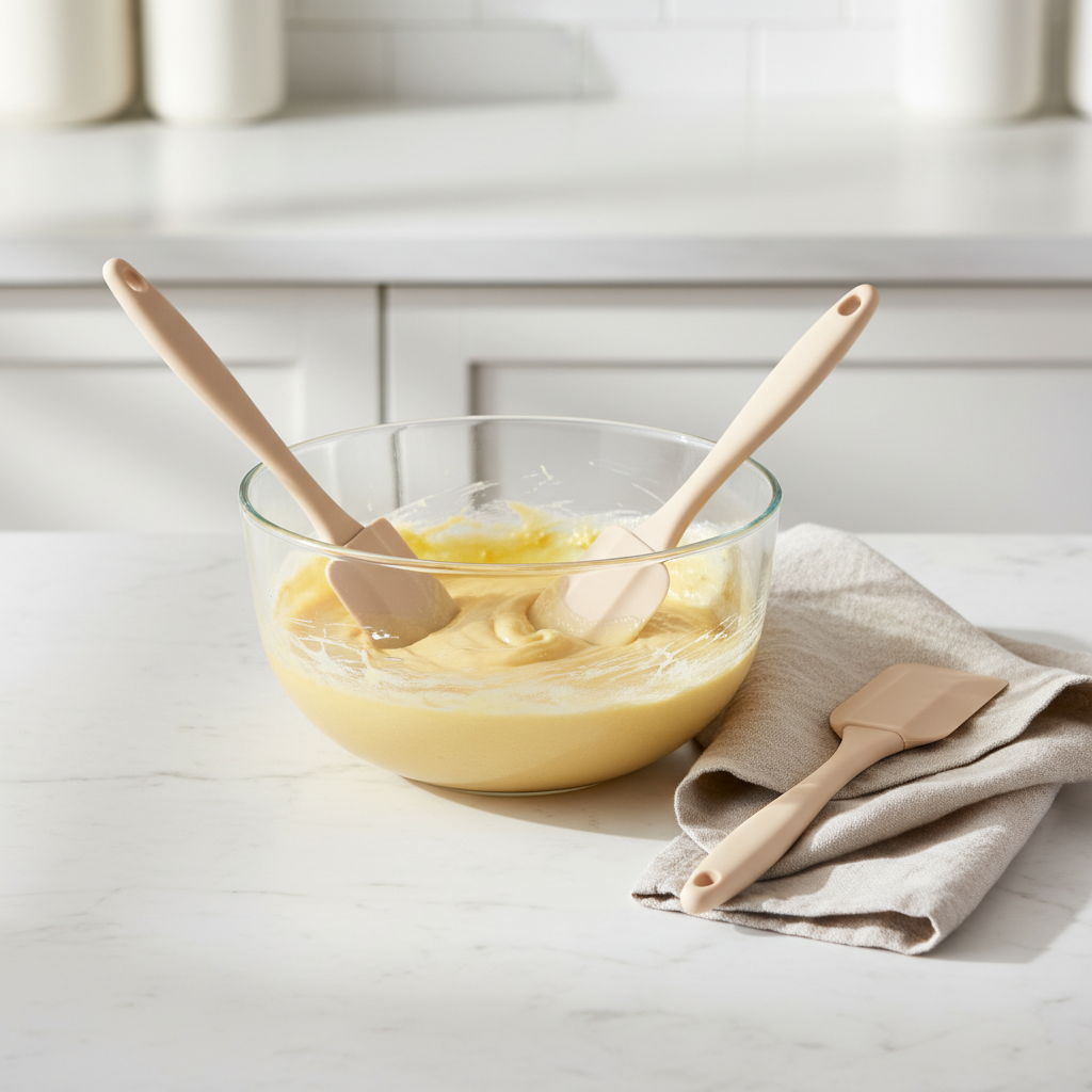 Silicone spatulas in glass mixing bowl scraping cake batter on kitchen counter