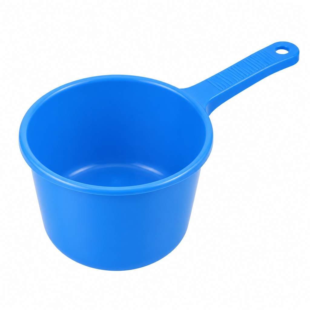 Plastic household water scoop in blue with round deep bowl and ribbed side handle on white background