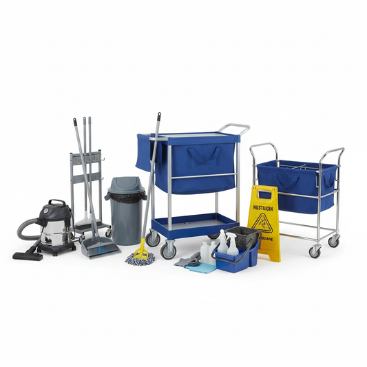 Complete hotel housekeeping supply collection with cart, linen trolley, vacuum, mop system, caddy, cleaning tools, waste bin, warning sign and storage rack on white background