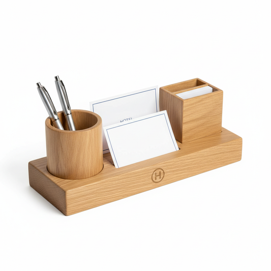 Natural light oak wood multi-compartment hotel pen and stationery holder with three sections holding ballpoint pens hotel information card and slim notepad with laser-engraved hotel logo on front panel on white background, compact hospitality guestroom desk organizer