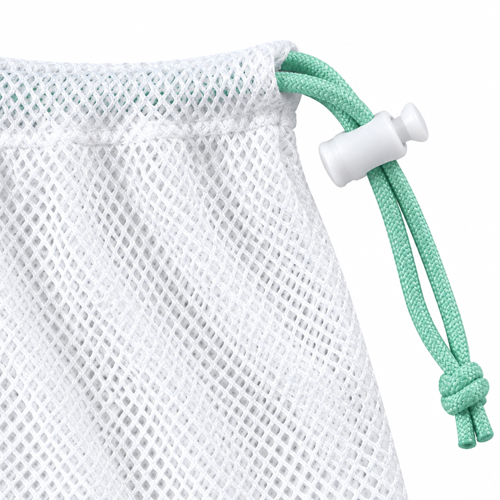 Close-up of the reusable produce bag diamond mesh weave and drawstring toggle lock