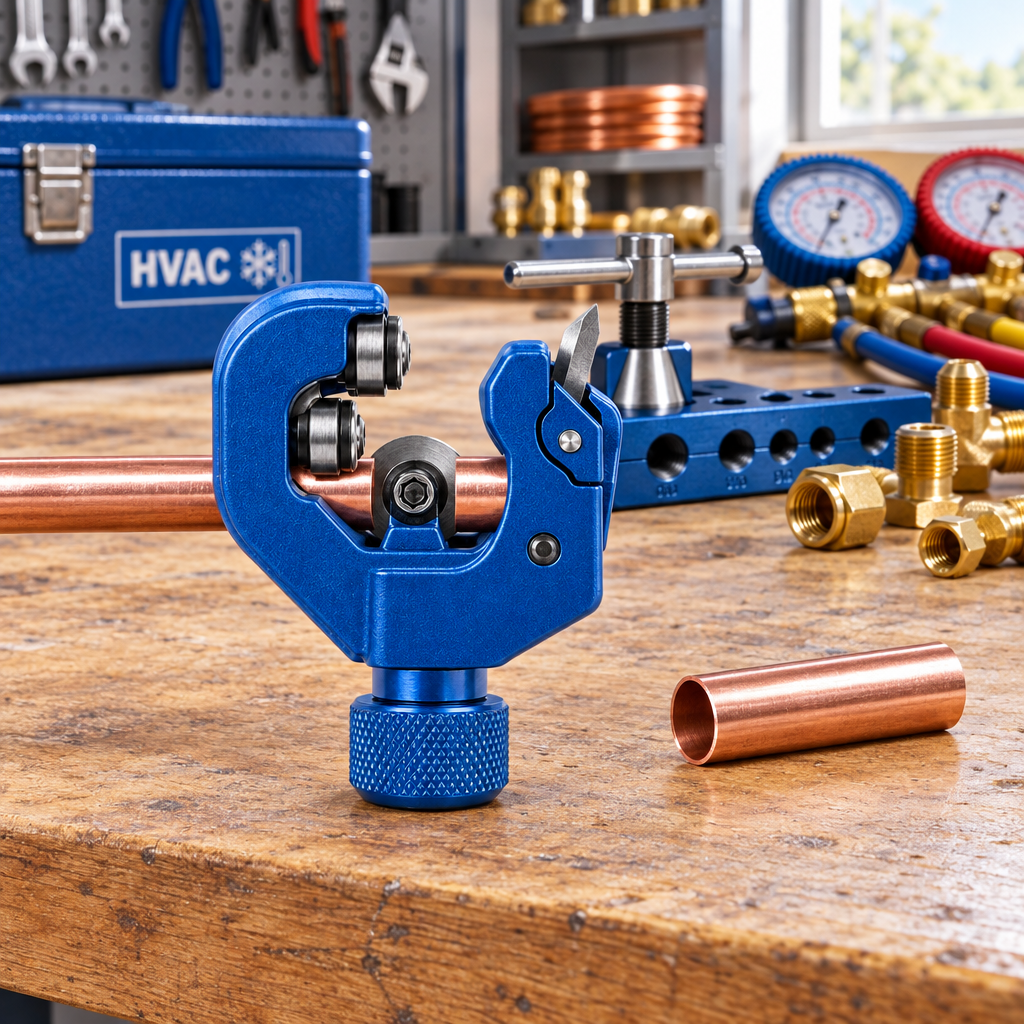 Compact tubing cutter cutting small copper tube with clean severed edge on refrigeration workbench