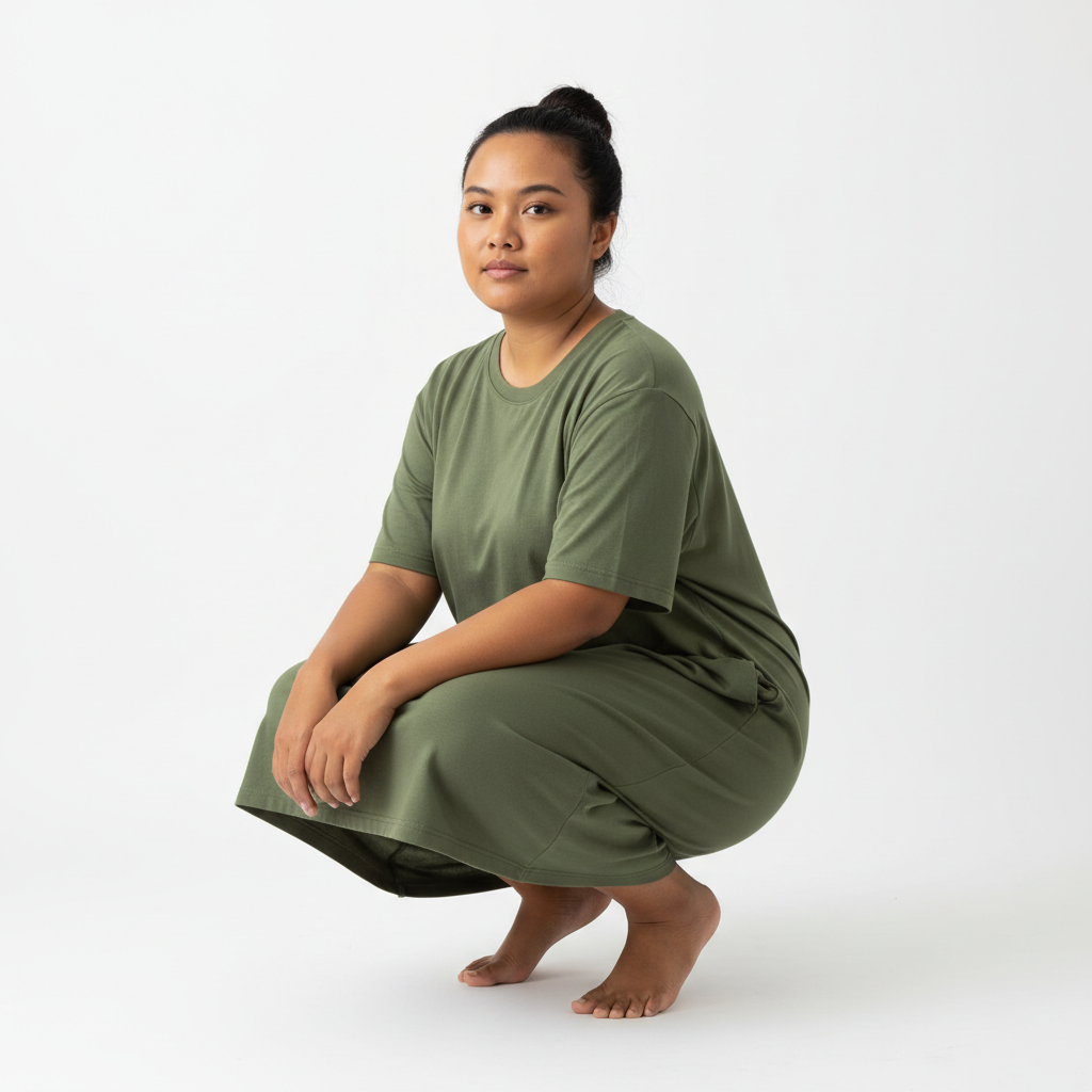 Malaysian woman olive loose fit dress squatting