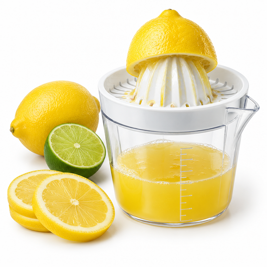 Manual lemon squeezer cup with cut lemon on reamer cone and fresh juice collected in clear container on pure white background