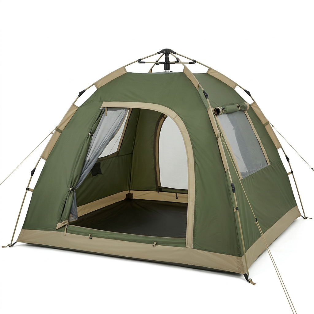 Automatic hydraulic pop-up camping tent fully erected in forest olive green and khaki beige 210D Oxford fabric with open double-layer door and mesh windows on pure white background