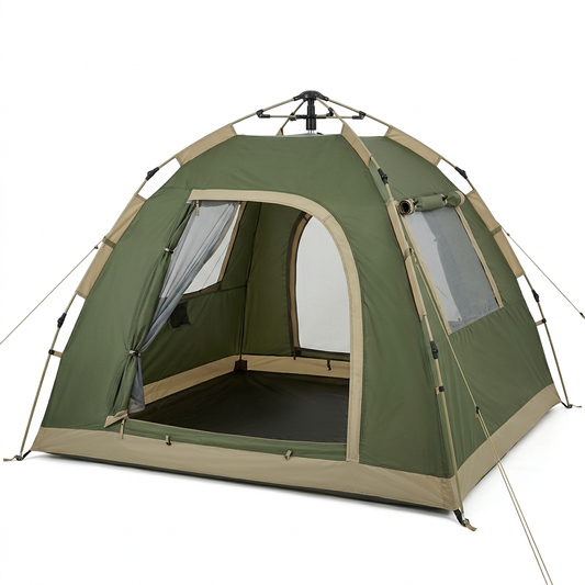 Automatic hydraulic pop-up camping tent fully erected in forest olive green and khaki beige 210D Oxford fabric with open double-layer door and mesh windows on pure white background