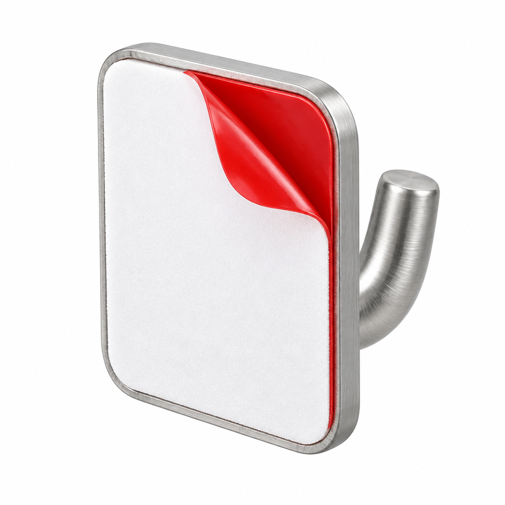 Close-up of the self-adhesive wall hook back showing foam adhesive pad with protective film partly peeled