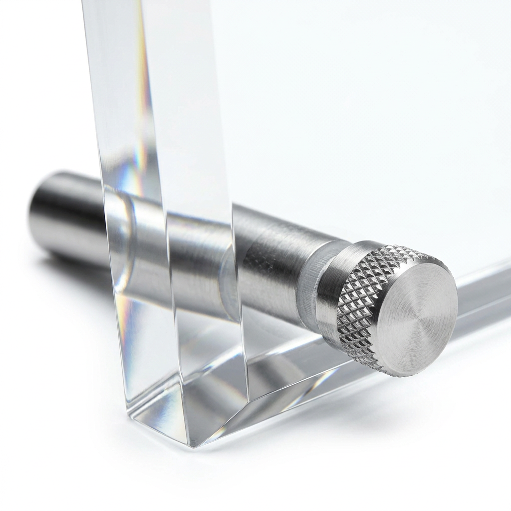Detail close-up of award plaque showing 20mm thick diamond-polished acrylic edge and stainless steel peg stand on white background