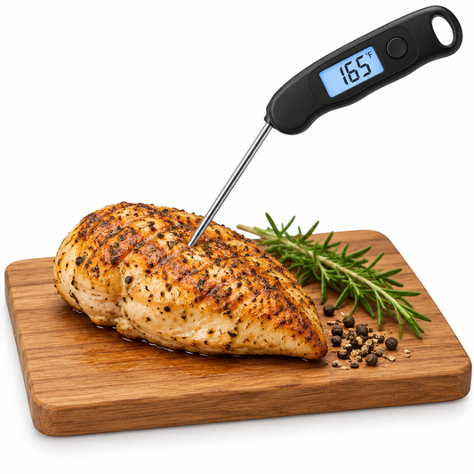 Digital instant-read food thermometer with stainless steel probe inserted into roasted chicken breast showing 165°F on LCD screen