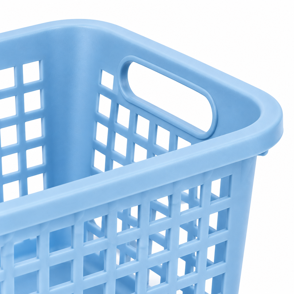 Macro close-up of plastic storage basket oval cutout carry handle, reinforced rim, and lattice sidewall
