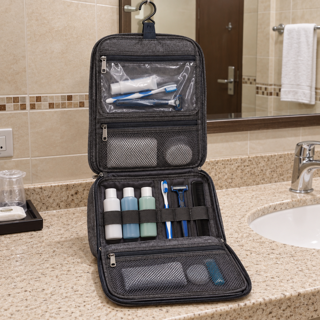 Hanging travel toiletry bag open on a hotel bathroom vanity counter in Iraq showing toiletries and grooming items