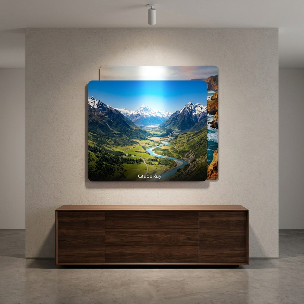 Custom metal photo print mounted with float hanger on a gallery plaster wall