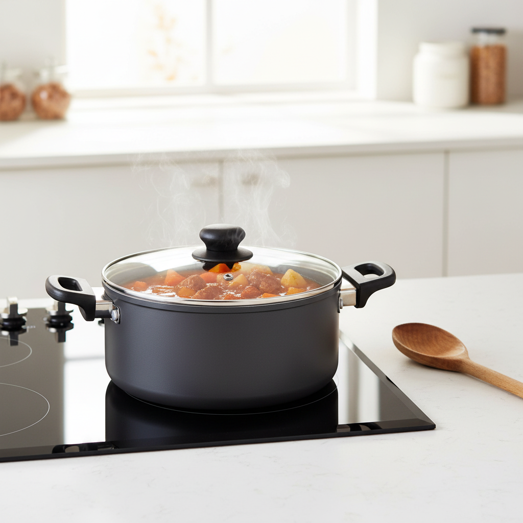 Non-stick casserole pot simmering vegetable and meat stew on an induction cooktop in family kitchen