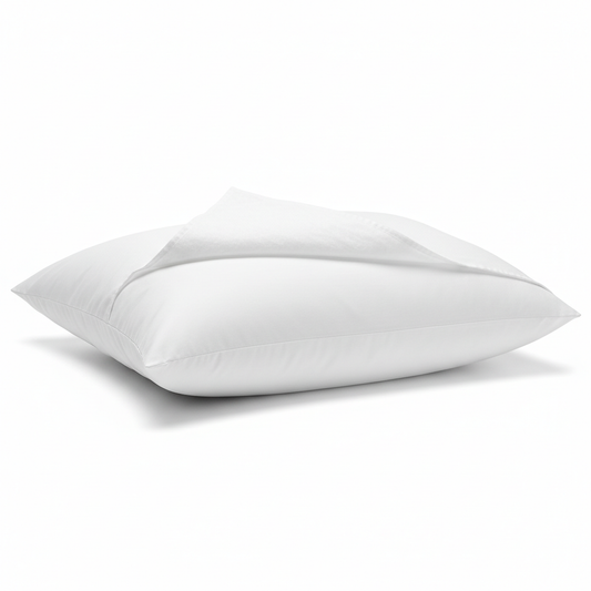 Plump white hotel synthetic fiber pillow with corner of cover folded back revealing polyester fiber filling inside on white background, commercial hospitality guestroom pillow with cotton-polyester blend cover