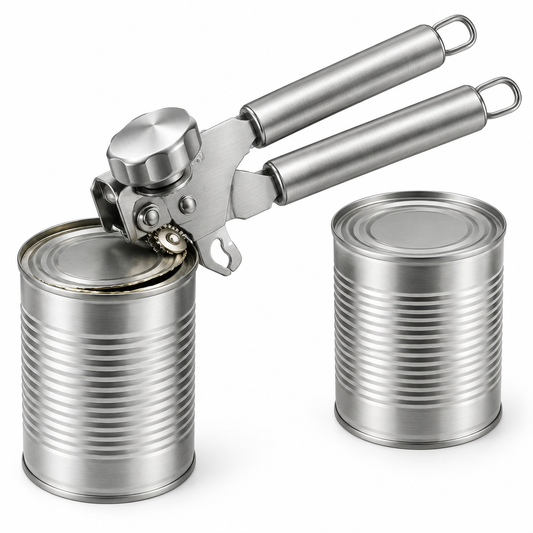 Manual stainless steel can opener opening tinplate food can beside unopened food can on pure white background