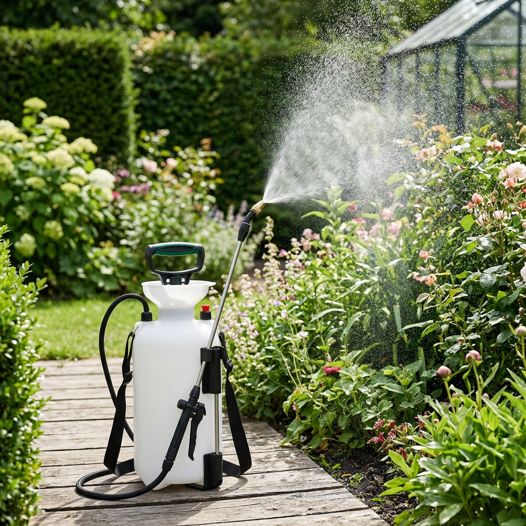 Garden pressure sprayer spraying a fine conical mist of water droplets over lush garden shrubs and blooming plants