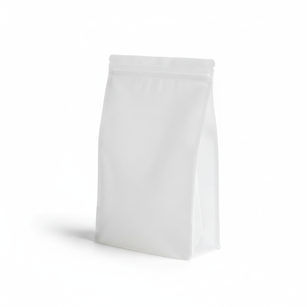 Translucent stand-up silicone food storage bag standing upright on pure white background