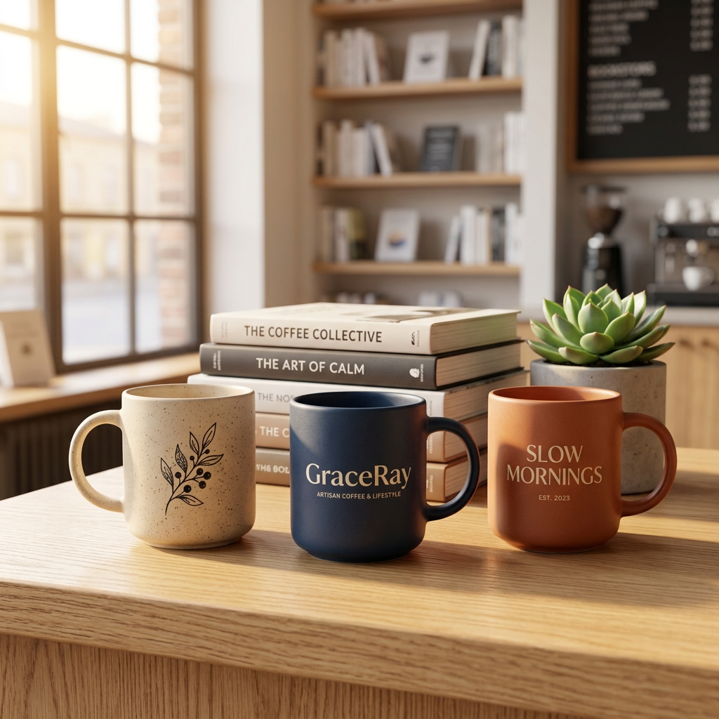 Custom branded ceramic mugs displayed on a café wooden counter with books in a lifestyle bookstore
