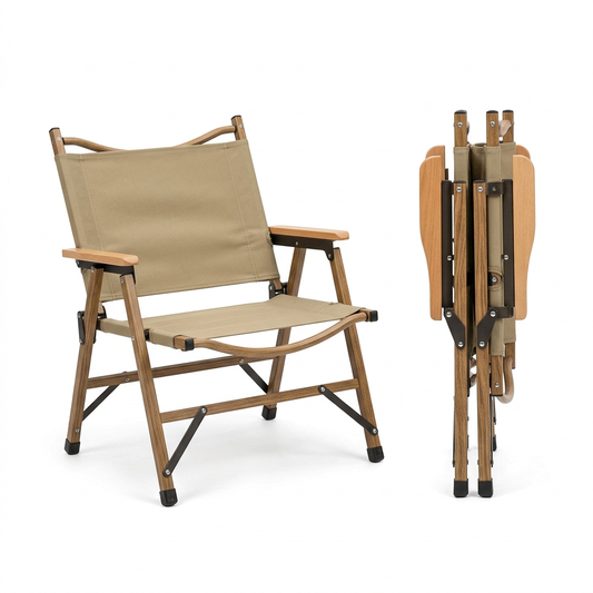 Classic Kermit-style folding camping chair with aluminum wood-grain frame, natural beechwood armrests, and khaki 600D Oxford seat, showing open and flat-folded units on pure white background