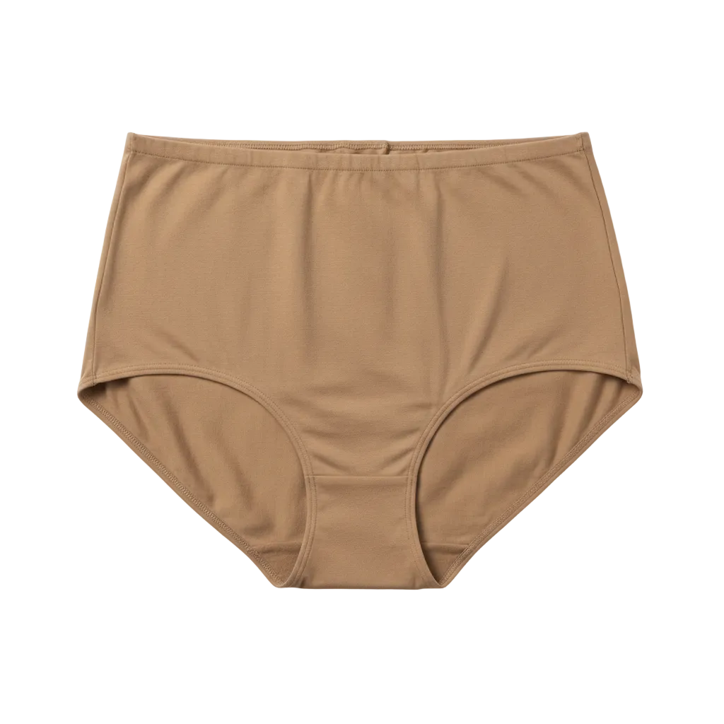 Front view of plus size high waist cotton briefs in warm taupe on white background