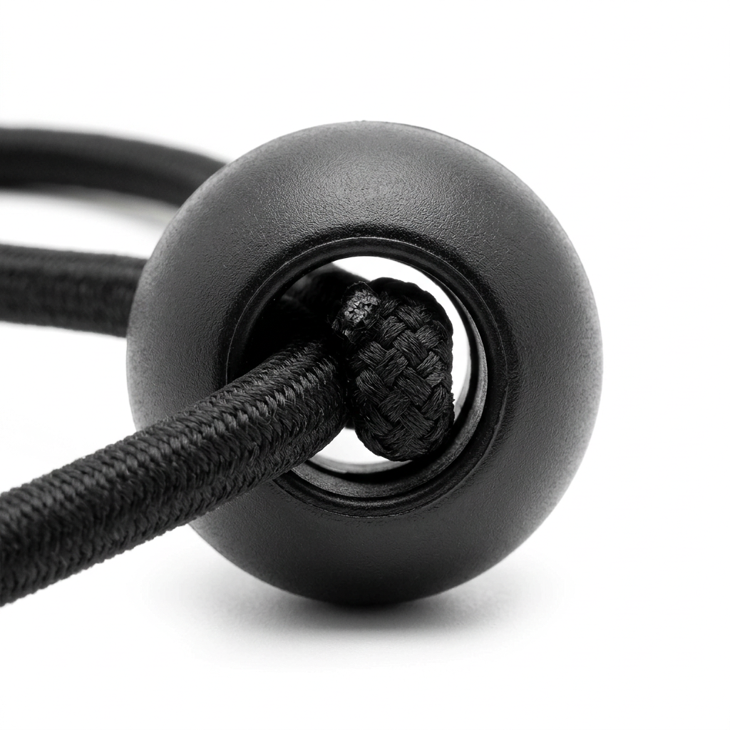 Close-up macro detail of black plastic ball stopper opening with knotted elastic shock cord seated inside