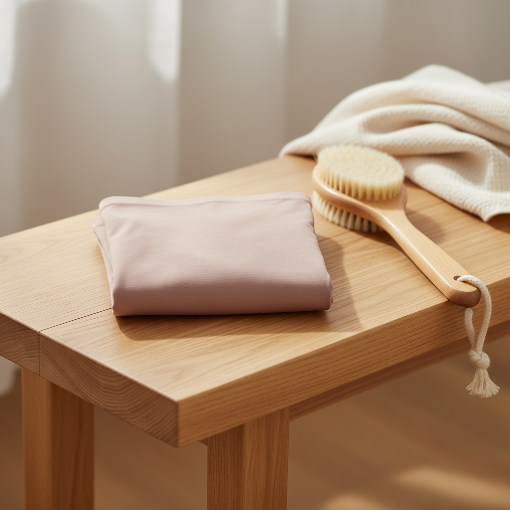 Lifestyle view of shaping shorts folded on a natural wood bench with a body brush