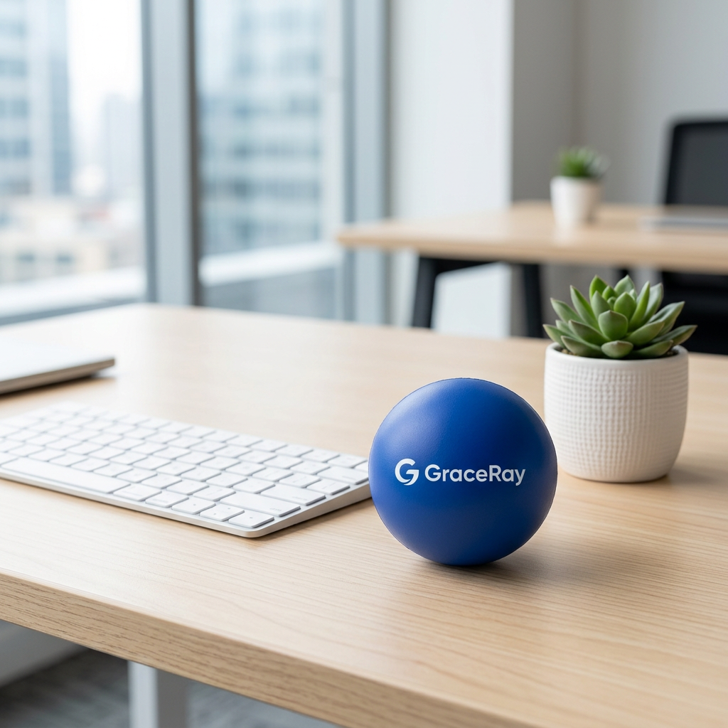 Custom promotional stress ball resting on an office desk beside a keyboard for workplace wellness display